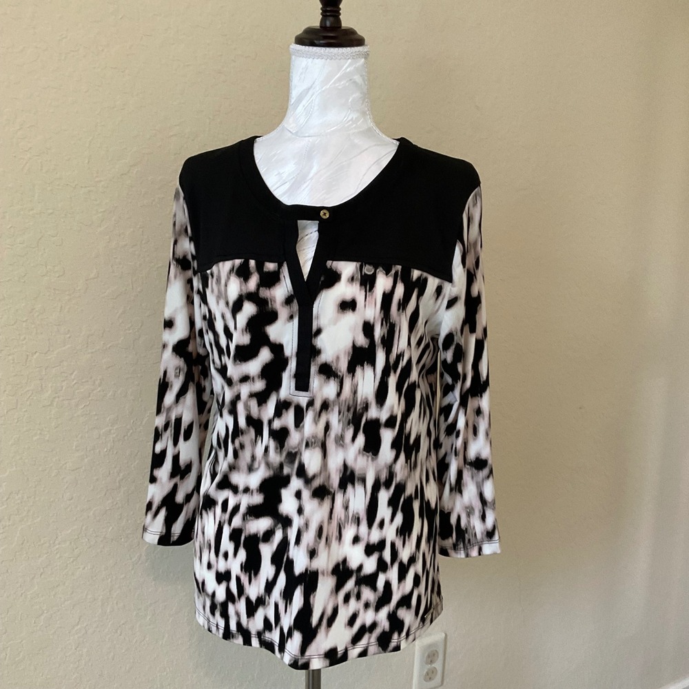 Calvin Klein Womens Animal Print Yoke Split Neck 3/4 Sleeve Blouse Top - Picture 1 of 8